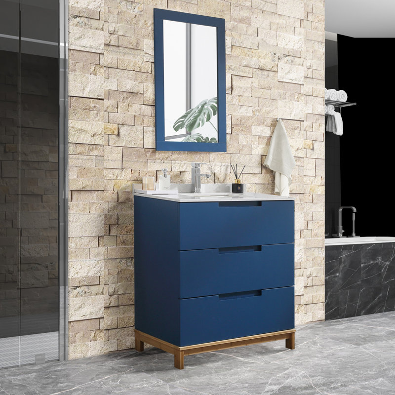 Ebern Designs 32Inch Navy Bathroom Vanity With Sink Backsplash Set And Mirror Elevated Riser 3 ...